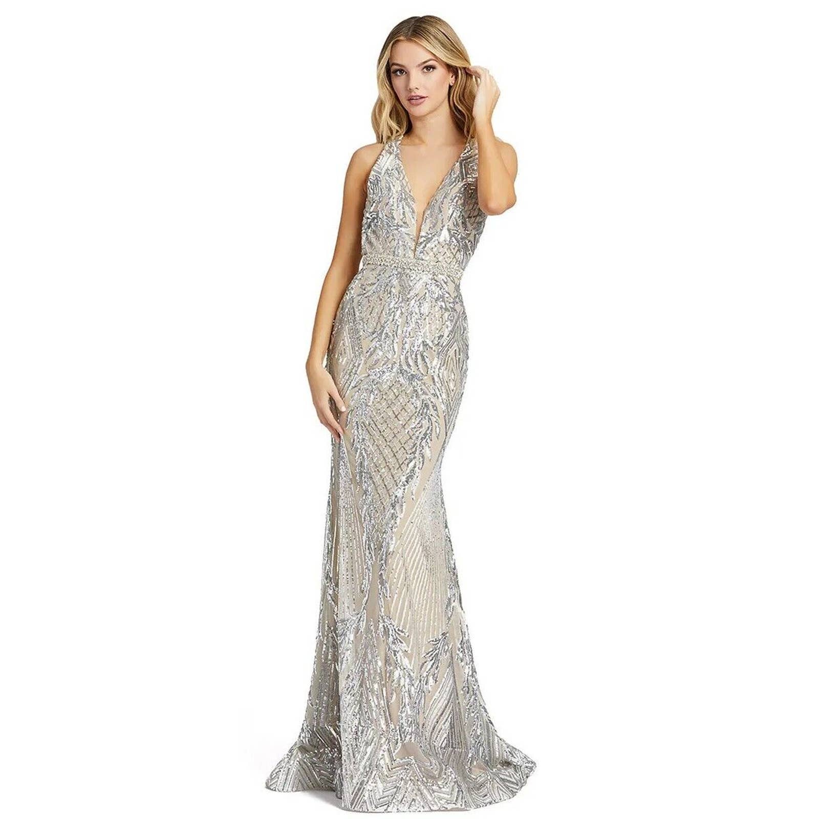 Mac Duggal 67327 Damask Sequin Silver/Nude Trumpet Gown, Size 2